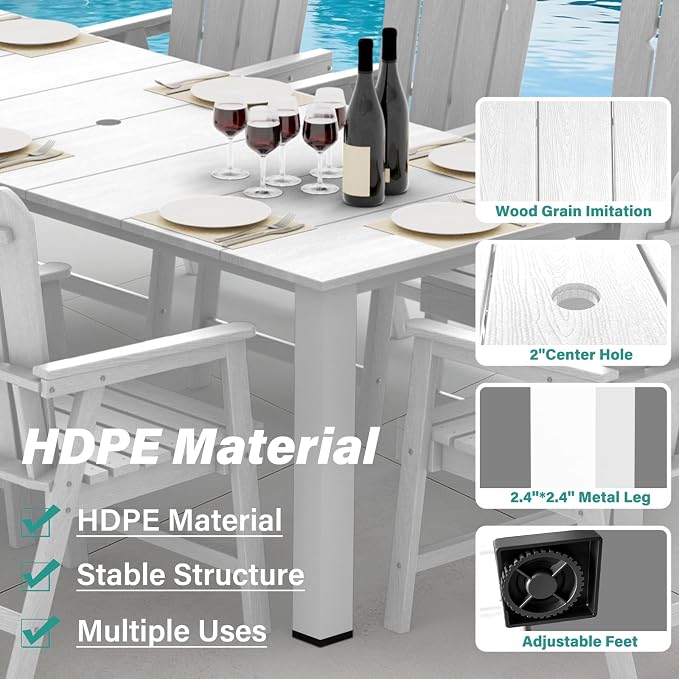 9 Piece Outdoor Dining Table Set for 8, HDPE Patio Furniture, White | 89.4” table,Spacious 8 seat outdoor dining set, HDPE and ALU, moisture and UV resistant, low maintenance outdoor furniture