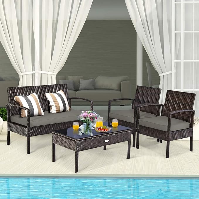HAPPYGRILL 8-Piece Patio Furniture Set, Garden Pool Lawn Rattan Wicker Conversation Set, Loveseat Sofa Cushioned Seat & Glass Top Coffee Table