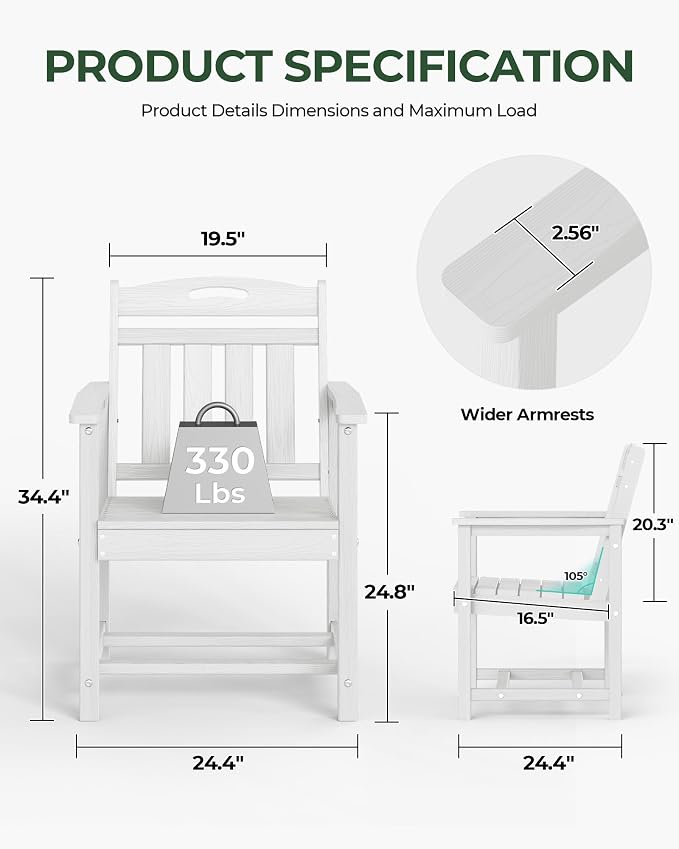 Patio Chairs, HDPE Outdoor Dining Chairs with Wide Seat, All Weather Oversized Porch Chair for Garden, Backyard, Deck - White
