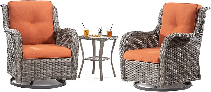 Outdoor Wicker Rocker Chairs Set of 3, High Back Patio Chairs Wicker Furniture Set, 2PCS Rattan Swivel Rocking Chair with Side Table(Mixed Grey/Orange)