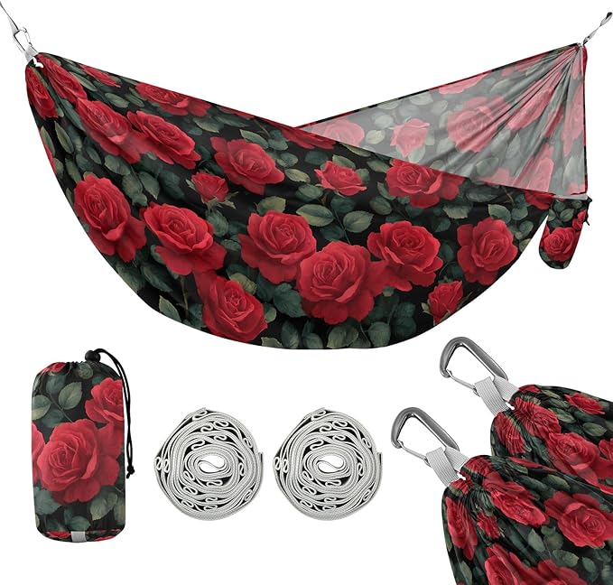 Camping Hammock Outdoor Hammocks for Outside Red Rose Leaves Beach Trees Portable Lightweight with Pockets Tree Straps Indoor