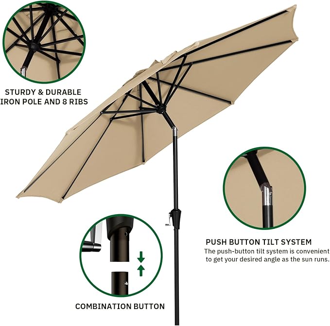 MEWAY 9ft Patio Umbrella Outdoor Table Umbrellas with Push Button Tilt and Crank, Market Umbrella 8 Sturdy Ribs for Deck, Garden, Pool and Backyard, Tan