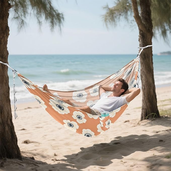 Camping Hammock Outdoor Hammocks for Outside Anemone Flowers Orange Beach Trees Portable Lightweight with Pockets Tree Straps Indoor Small