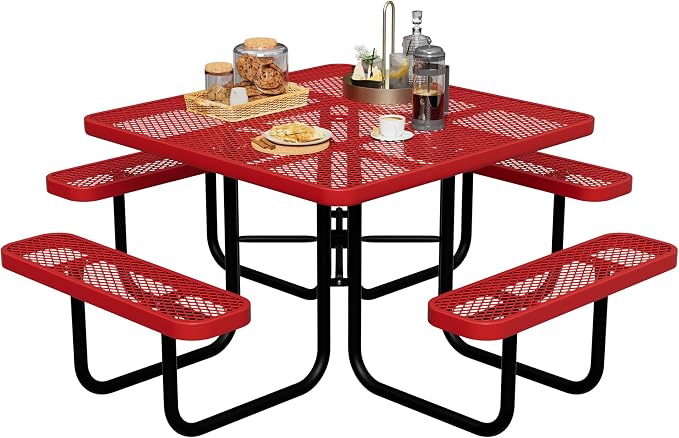 All-Weather Square Outdoor Picnic Table, Commercial Picnic Table Bench Set with Umbrella Hole, Thermoplastic Coated Metal Dining Tables for School, Stores, Park, Patio, Yard, Red