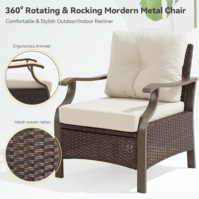 Outdoor Patio Furniture Set, 6 Pieces Outdoor Conversation Sets with Coffee Table & Side Table, Wicker Rattan Outdoor Sectional Sofa Set for Backyard, Deck, Porch, Poolside, Beige
