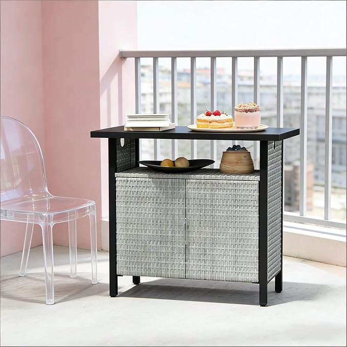 PE Rattan Outdoor Storage Box and Poolside Towel Cabinet, Weather-Resistant Wicker Deck Box with Wood Grain Steel Top and Open Shelf for Patio Organization, 35.4 x 19.7 x 35.4 Inches, Gray