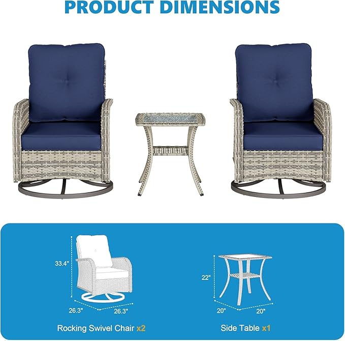 3-Piece Small Patio Furniture Set, Outdoor Swivel Rocking Chairs Set with Wicker Chairs and Tempered Glass Side Table, Outdoor Furniture Patio Bistro Set for Balcony, Deck, Porch