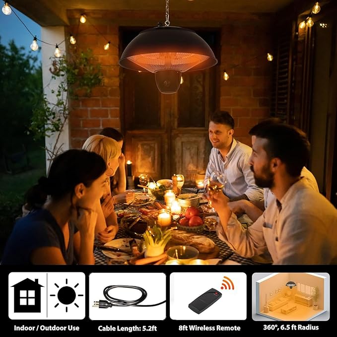 Infrared Hanging Electric Patio Heater W/Remote, Ceiling Mounted, 1500W, Indoor/Outdoor, IPX4 Water-Resistant, 360° Heat, 3-Second Warm-Up