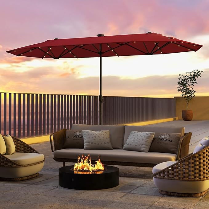 HAPPYGRILL Double-Sided Patio Umbrella with Solar Lights, 13FT Large Umbrella with Base Included, Crank Handle, Market Twin Table Umbrella for Outdoor Backyard Garden Poolside