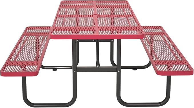 Coated Steel Heavy Duty Picnic Table for Outdoors 2200 lbs Load, Rectangular Camping Table with 1.78" Umbrella Hole, Commercial Picnic Table with Benches, Red