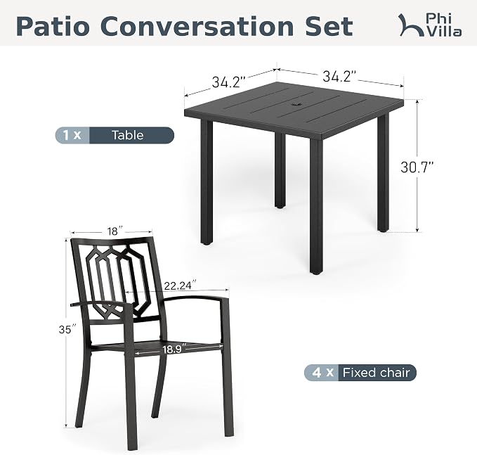 PHI VILLA 5 Pcs Metal Outdoor Table and Chairs,Square Wrought Iron Table | 34.2" Metal Table&Stackable Wrought Iron Chairs, All Weather Large Furniture Set for Patio, Deck, Backyard, Porch