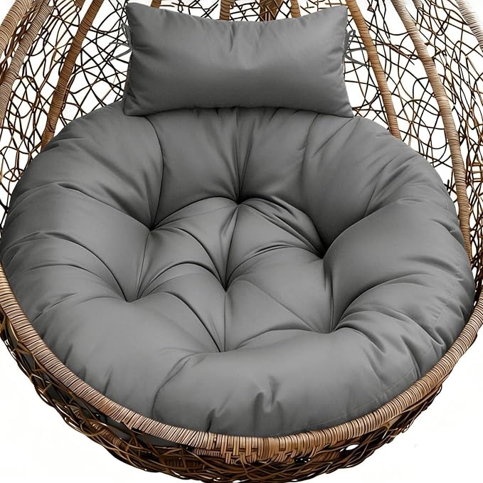Outdoor 45" Round Egg Chair Cushion Replacement Waterproof Grey | Thicken Pad with Headrest Pillow, Hanging Swing Wicker Egg Chair Cushions, Suitable for Garden Office