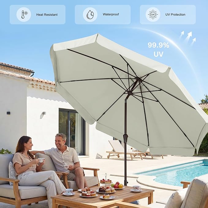ABCCANOPY 10ft Scalloped Patio Umbrella, Outdoor Table Umbrella with Tilt and Crank, Fiberglass Ribs Deck Umbrella for Patio, Pool, Garden, Picnic (Light Beige)