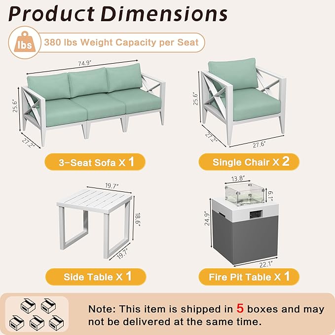 Modern 7-Piece Aluminum Patio Furniture Set with Fire Pit Table, Oversized Outdoor Sectional Sofa with Corner Seat, All-Weather Conversation Set for Deck, Garden, Backyard-White