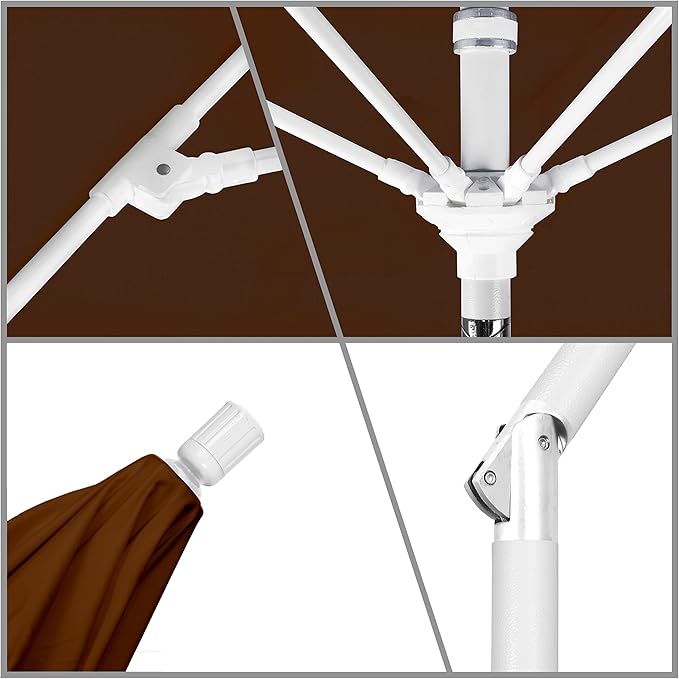 California Umbrella 9' Round Crank Lift, Collar Tilt, Aluminum Pole, Fiberglass Rib Patio Umbrella, White Finish, Sunbrella Bay Brown