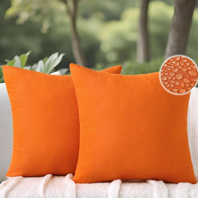 Outdoor Throw Pillows with Inserts, Waterproof Pillows for Outdoor Seating, Square Decorative Garden Cushion for Patio Furniture, Bed, Couch, Sofa (Orange, 16" x 16" (Pack of 2))