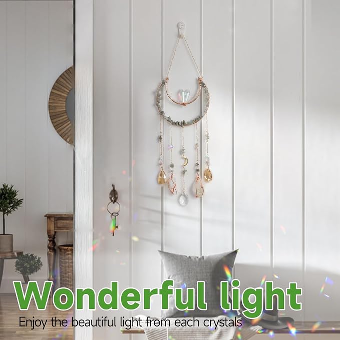 Crystal Suncatcher - Dreamsum Hanging Suncatchers with Crystals and Stones | Sun Catchers Indoor, Window Catcher with Prism Pendants Stones Slices, Moon Crystal Suncatchers gift for Girls, Lover and Mom
