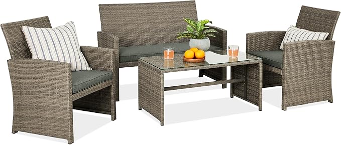 Best Choice Products 4-Piece Outdoor Wicker Patio Conversation Furniture Set for Backyard w/Coffee Table, Seat Cushions - Taupe/Slate Green