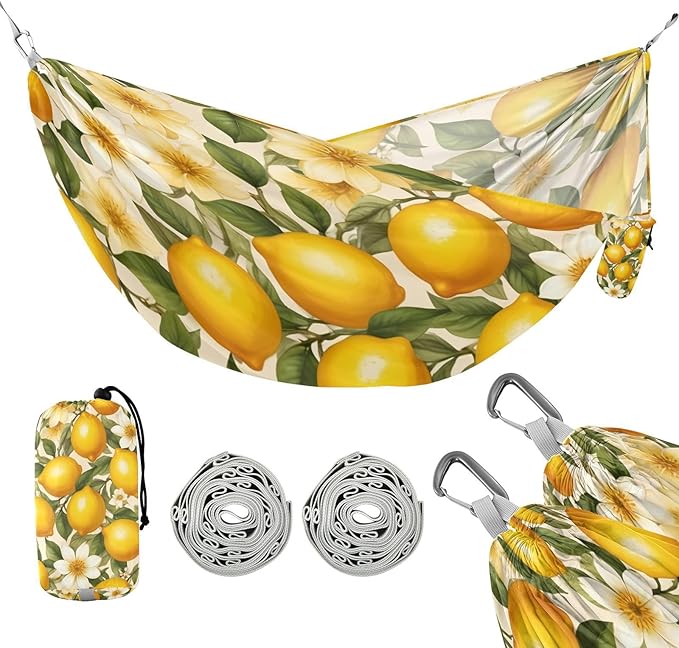 Hammocks for Outside Lemon Print Flower Camping Hammock Portable Hammocks with Tree Straps and Carry Bag Camping Accessories for Hiking Beach Outdoor