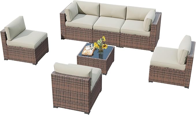 LazySunsets 7 Piece Outdoor Patio Furniture Set with Coffee Table, Outdoor Patio Furniture Sets with Waterproof Cover, Wicker Rattan Outdoor Conversation Set for Backyard & Garden, Beige