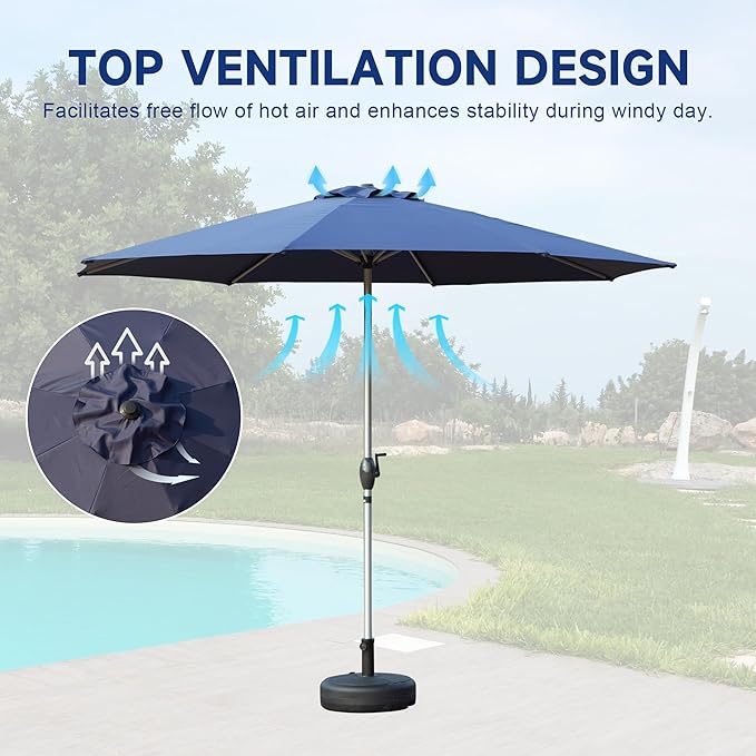 Domi 10FT Patio Umbrella Outdoor Market Umbrella with Silver Aluminum Pole, UV Resistant Canopy, Wind Vent, Tilt & Crank System, Perfect for Patio, Garden, Deck, Pool, Outdoor Dining, Navy Blue