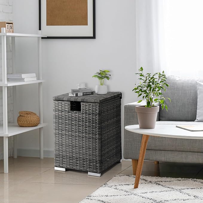 22.4in Outdoor Rattan Side Tables,Iron Frame Gas Bottle Storage Bin,Waterproof Patio Coffee Side Tables,All-Weather PE Wicker End Table,with Lid,for Garden Porch Poolside Deck Backyard (Gray)