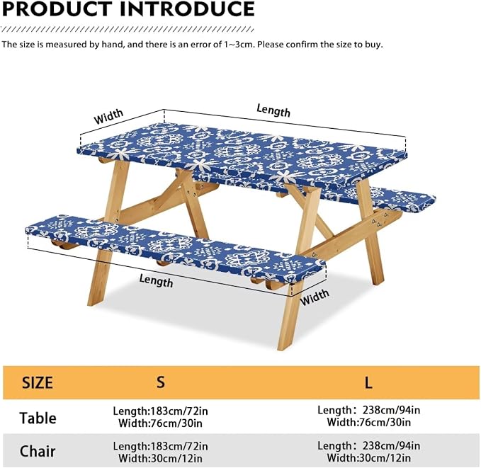 Vintage Flower Picnic Table Cover with Bench Covers Autumn Outdoor Camping Tablecloth Water and Oil Repellent Elastic Waterproof Picnic Table Cover 3 Piece Set for 6 Foot Tables