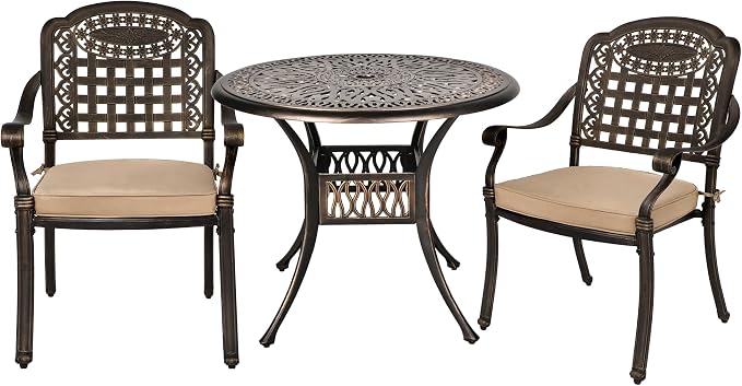 Grepatio 3 Piece Bistro Set Outdoor Cast Aluminum Patio Dining Set Table and Chairs Outside Bistro Furniture 2 Mesh Dining Chairs with Khaki Cushion and 1 Umbrella Table for Lawn Garden