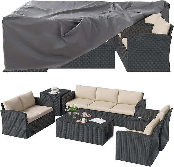 AECOJOY 7 Pieces Patio Furniture Set with Two Storage Boxes&Patio Set Cover, Outdoor Rattan Conversation Set，All-Weather PE Wicker Sectional Sofa Outdoor Furniture, Black Rattan& Beige Cushions