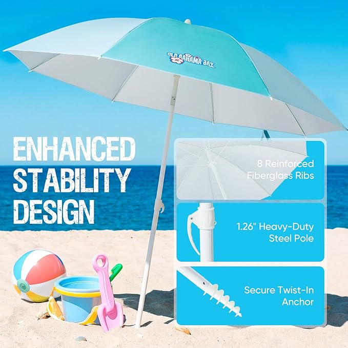 Old Bahama Bay 8ft Beach Umbrella with Screw Sand Anchor & Tilt Mechanism, UPF 50+ UV Protection, Windproof Heavy Duty Portable Sun Shelter with Carry Bag for Patio, Garden, Pool & Backyard, Teal/Blue