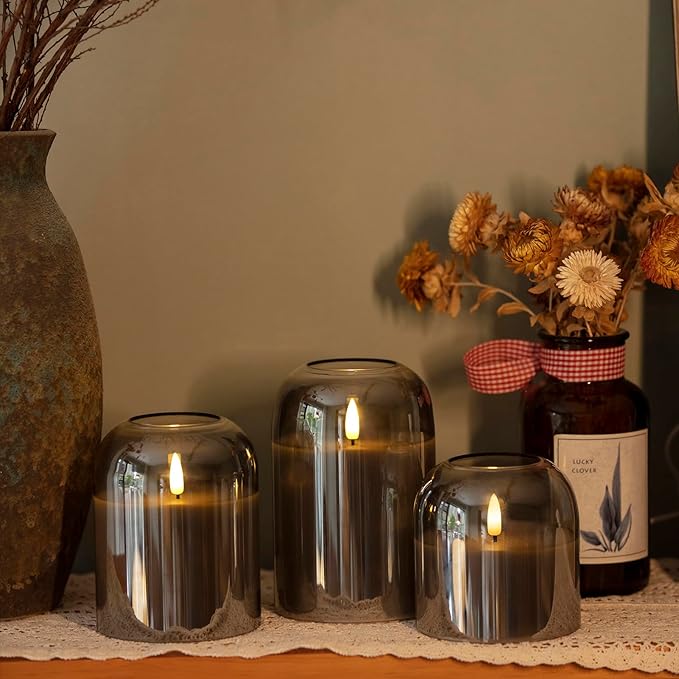 volnyus Grey Glass Flameless Candles with Remote Set of 3 Battery Operated Flickering LED Pillar Candles Real Wax Wick Φ 4"" H 4"" 5"" 6"", Gray