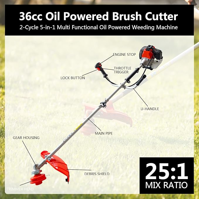 36cc 2-Cycle Gas Powered Brush Cutter, 5-in-1 Multifunctional Grass Trimmer Weed Wacker with 5 Cutting Heads for Lawn Garden Weeding Pruning Shrubs