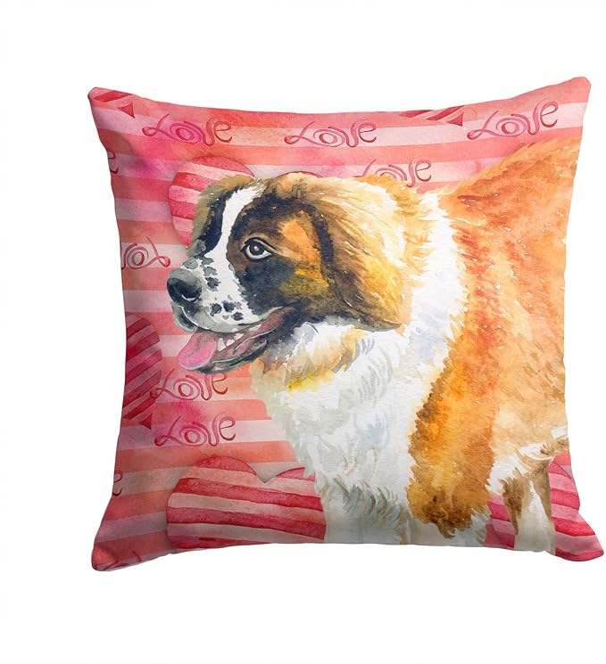 Caroline's Treasures BB9766PW1414 Saint Bernard Love Fabric Decorative Pillow, Red Machine Washable, Indoor Outdoor Decorative Pillow for Couch, Bed or Patio, 14Hx14W