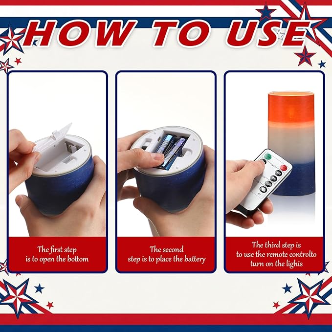 Tujoe 3 Pcs Patriotic Flameless Candles 4th of July LED Battery Pillar Candles Set Battery Operated Independence Blue Red and White Flickering Gifts with Remote Decorations for 250th Anniversary