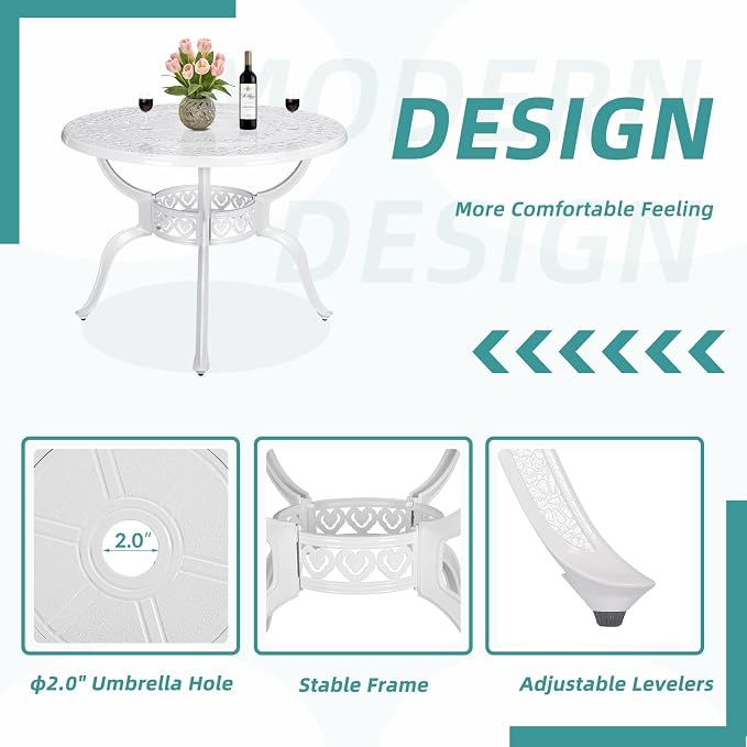 MEETWARM 38.5" Round Patio Dinning Table, Outdoor Cast Aluminum Dinning Table with 2" Umbrella Hole, White