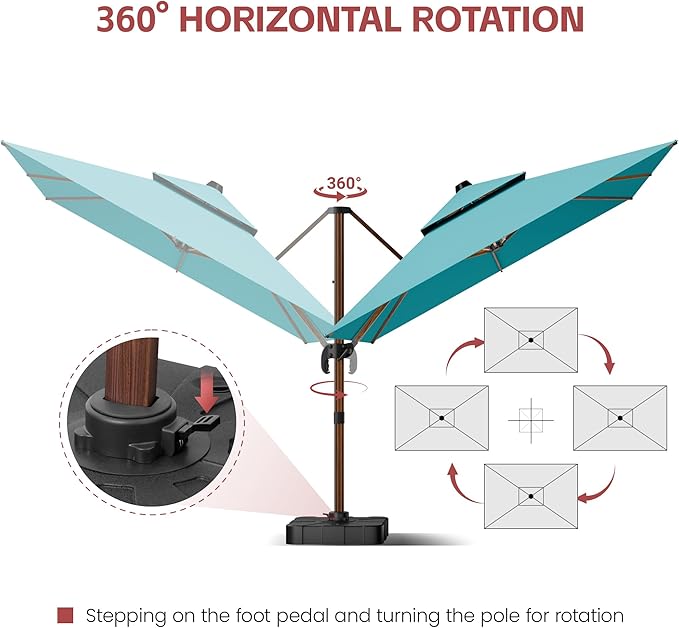 GENTEACO 10x13FT Rectangle Cantilever Patio Umbrella w/Base Included, Deluxe Wood Pattern Pole & 7 Angle Tilts, 360° Rotation, Offset Hanging Market Umbrellas for Garden Pool Patio, Turquoise Blue