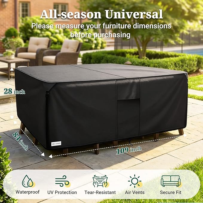 MR. COVER Patio Furniture Covers Rectangle, 900D Heavy Duty Outdoor Table Covers Waterproof , Sectional Sofa Set Cover Table and Chair Combo, Large Couch Cover Lawn Black 109"W x 84"D x 28"H