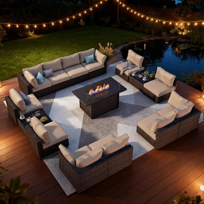 Patio Furniture Set, 15 Pieces Outdoor Sectional Patio Furniture Set with 42" Fire Pit Table, Rattan Wicker Sofa Set for Garden Backyard Deck Poolside, Beige