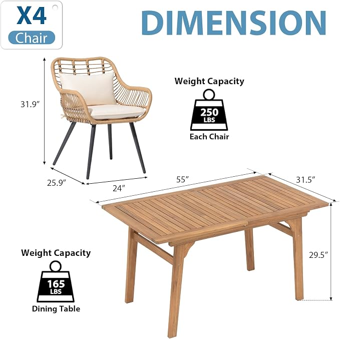 JOIVI 5 Pieces Outdoor Dining Set, Patio Table and Chairs Set for 4, Patio Outdoor Furniture Set with Extendable Dining Table for Porch, Deck, Bistro, Backyard, Garden, Creamy White