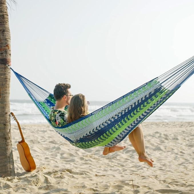Lazy Daze Hammocks Handwoven Mayan Hammock, 10.5 FT Soft Rope Double Hammocks, Portable Outdoor Hammock with Carry Bag, 2 Straps & Carabiners for Patio Outside, 550 lbs Weight Capacity, Blue/Green