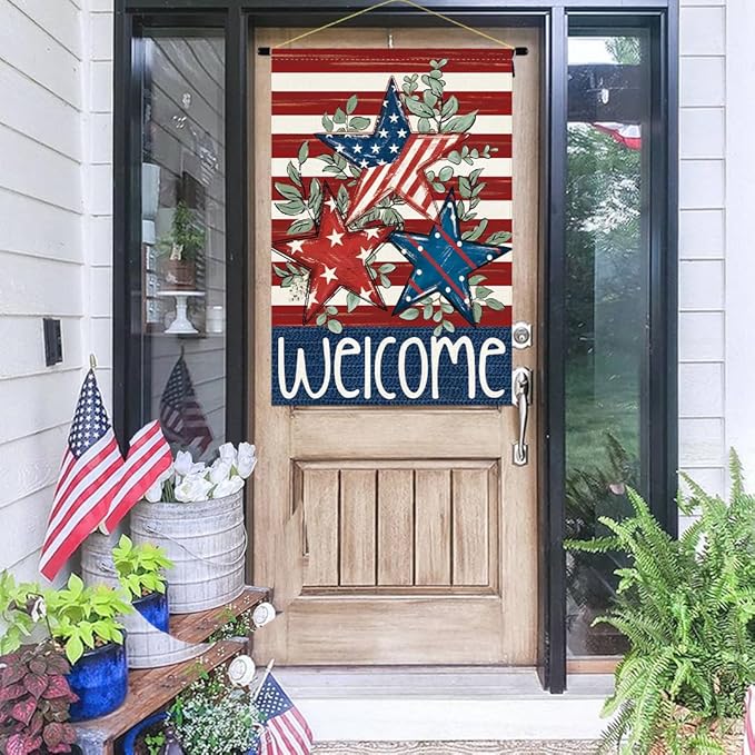 Baccessor 4th of July Patriotic House Flag 28 x 40 Inch Double Sided Burlap Memorial Day Welcome American Stars and Stripes Large Yard Flag Holiday Farmhouse Seasonal Outdoor Outside Decoration