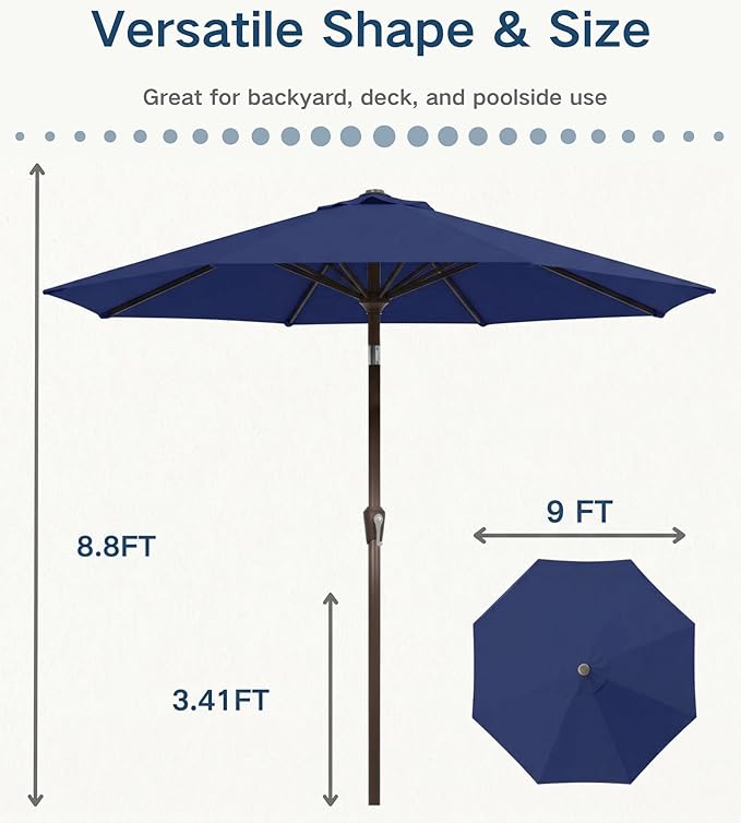 PatioKingdom Auto-Tilt 9FT Patio Umbrella Outdoor with 8 Sturdy Fiberglass Ribs,Market Table Umbrella for Pool,Backyard,Deck and Garden