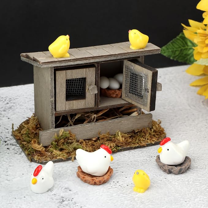 Fairy Garden Mini Chicken Coop Decor, 13-Piece Farm Scene Set | Includes 1 wood coop 3 hens 3 chicks 3 eggs 3 nests, doors open and close, store pieces together to avoid loss