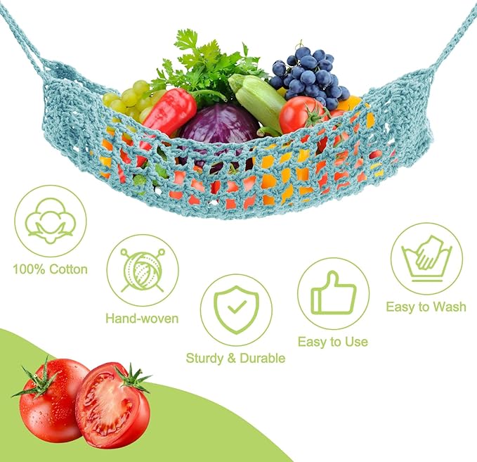 Macrame Fruit Hammock 1 Pack Cotton Fruit Holder Net Under Cabinet Veggie Storage Space Saving Kitchen Decor with Hooks (Light Blue)