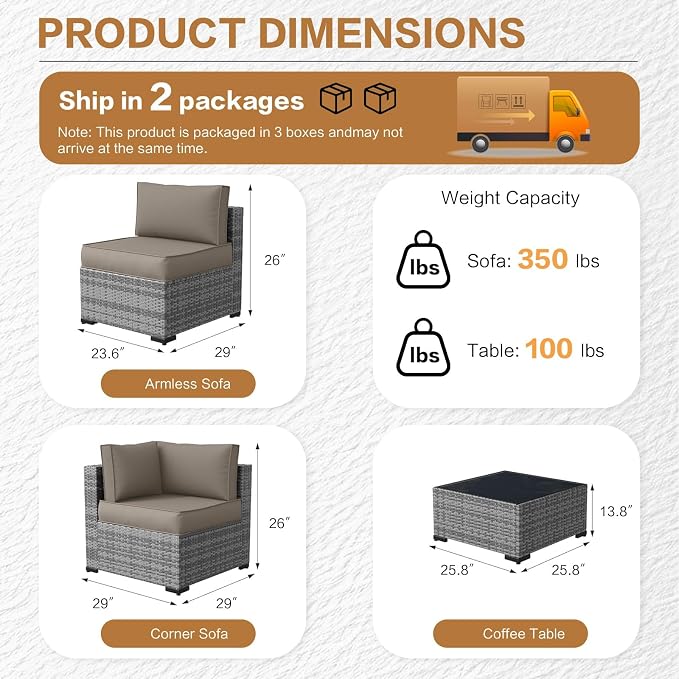 MOCHITO 5 Pcs Outdoor Patio Furniture Sets Grey Rattan Khaki Cushions | All-Weather Sectional Sofa, with Glass Table, PE Rattan Wicker Patio Furniture , Washable Cushions, for Balcony Porch Garden