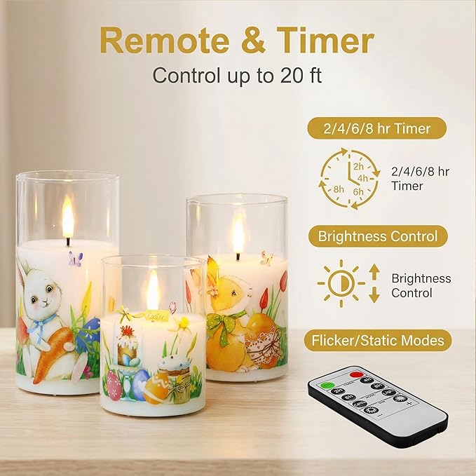 Eywamage Spring Flameless Candles with Remote, Glass LED Pillar Candles Flickering Battery Operated Easter Home Table Decor Set of 3