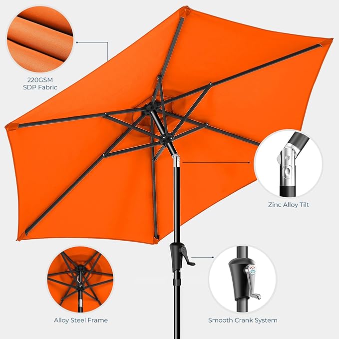 HOMSHADE 7.5ft Outdoor Patio Umbrella - Market Table Pool Deck Umbrella UPF50+ UV Protection with Push Button Tilt, Crank and 6 Sturdy Ribs (Neon Orange, No base)