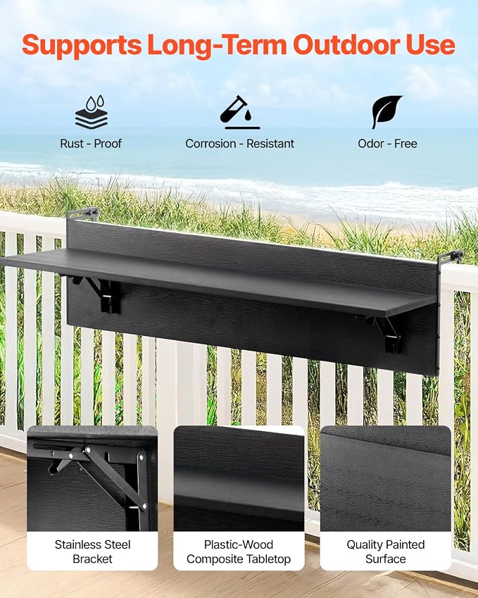 VEVOR Balcony Hanging Table, 31.5 x 12 inch Folding Balcony Railing Table, Outdoor Bar Table, 50 lbs Loading, Fit Railing from 1" to 4.3", Serving for Patio & Deck