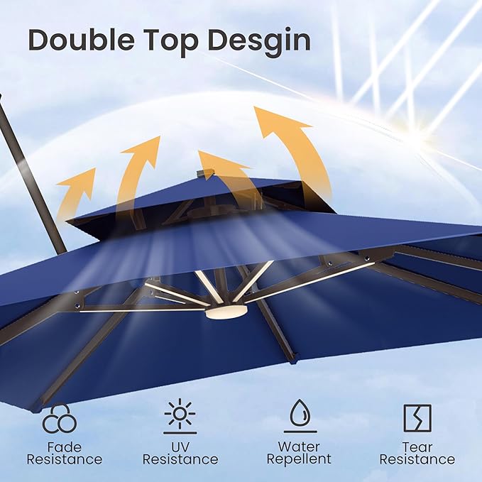 9x12 FT Cantilever Patio Umbrella with Base and Led Lights Double Top Outdoor Rectangular Large Heavy Duty Aluminum Offset Umbrellas with 7 Level Tilt 360-degree Rotation for Pool Garden Deck, Navy