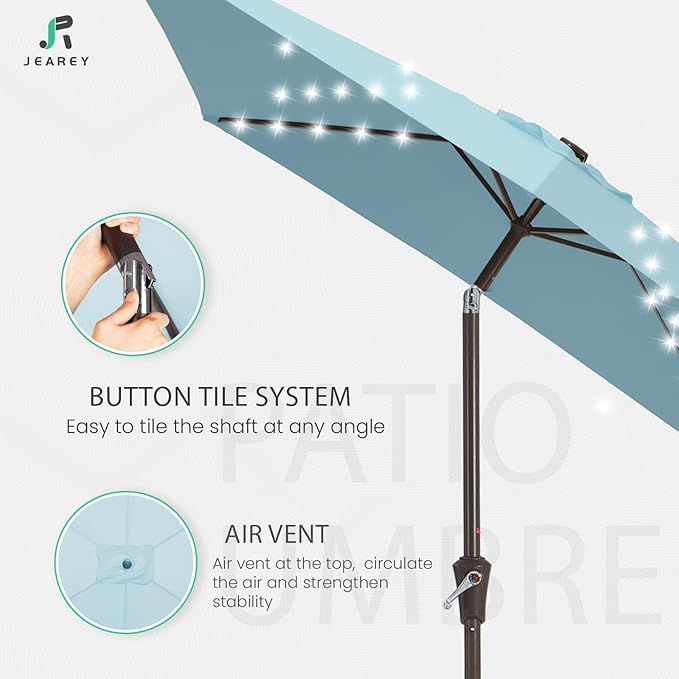 JEAREY 6.5x10 ft Rectangular LED Lighted Patio Umbrellas Outdoor Solar Table Market Umbrella w/Push Button Tilt/Crank, 6 Sturdy Ribs, UV Protection Waterproof Sunproof(Lake Blue)